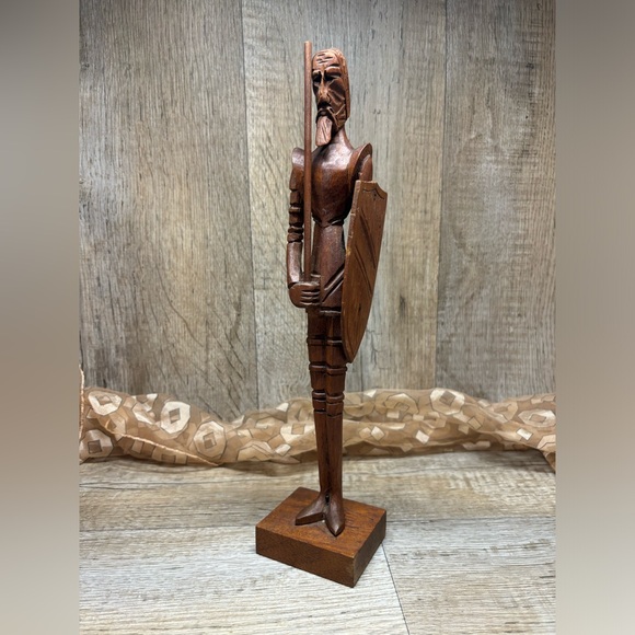 VTG Spanish DON QUIXOTE Sculpture Figure  Carved Wood W/ Spear & Shield 13.75”T - Picture 1 of 12